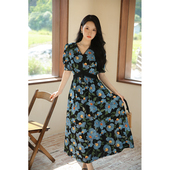 法式 气质收腰显瘦连衣裙V领印花A字裙女 9折 满减 26号20点