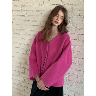 竹依依玫红色骆驼绒双面呢羊毛外套女春季高级感复古短款大衣