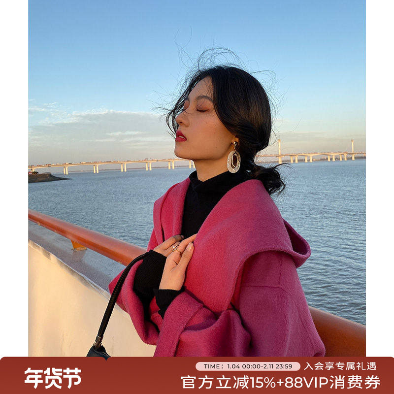 竹依依高端连帽红色双面羊绒大衣女长款高级感浴袍式毛呢外套秋冬