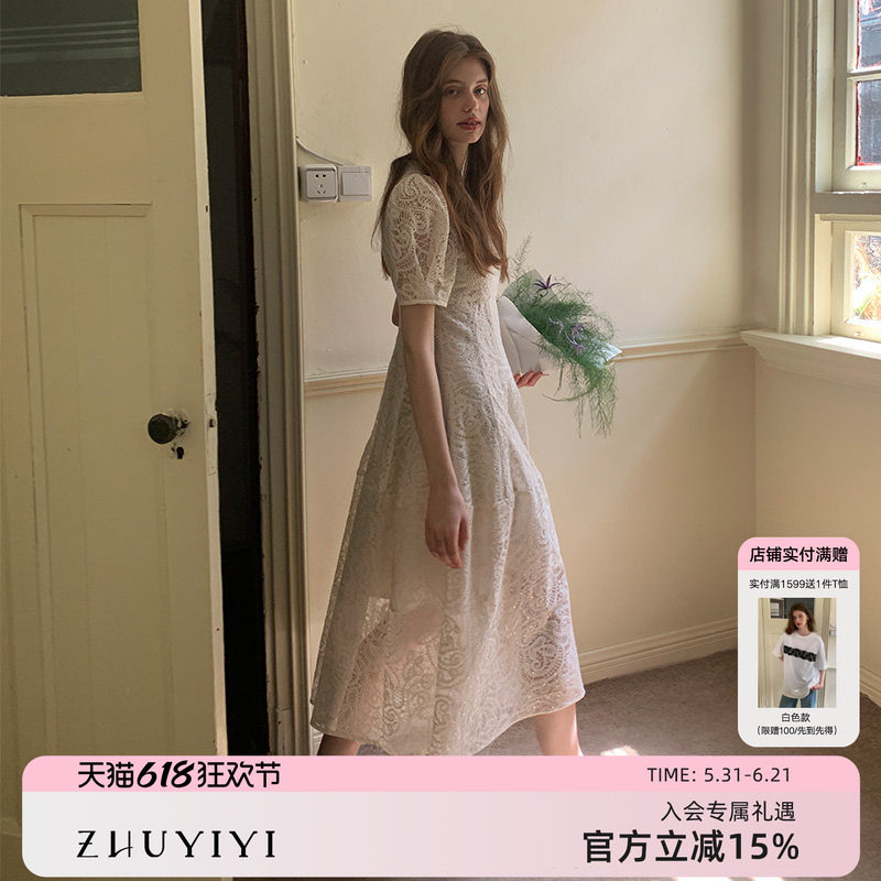 竹依依法式原创复古白色短袖薄纱连衣裙女镂空高级透视感宫廷长裙