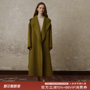 竹依依牛油果绿色羊毛羊驼毛双面呢毛呢大衣女冬系带中长款 外套