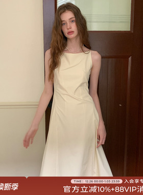 竹依依原创法式淡黄色无袖连衣裙女夏气质修身收腰显瘦褶皱长裙子