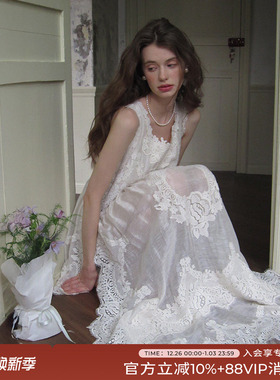 竹依依原创设计法式修身米白色连衣裙女蕾丝刺绣镂空感复古长裙子