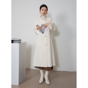 竹依依立领双面羊绒大衣女春季季中长款高级感羊毛白色毛呢外套
