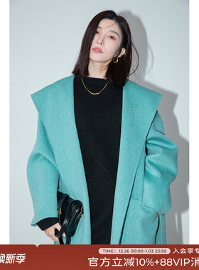 竹依依湖蓝色双面羊绒大衣女长款过膝高级感高端连帽纯羊毛呢外套
