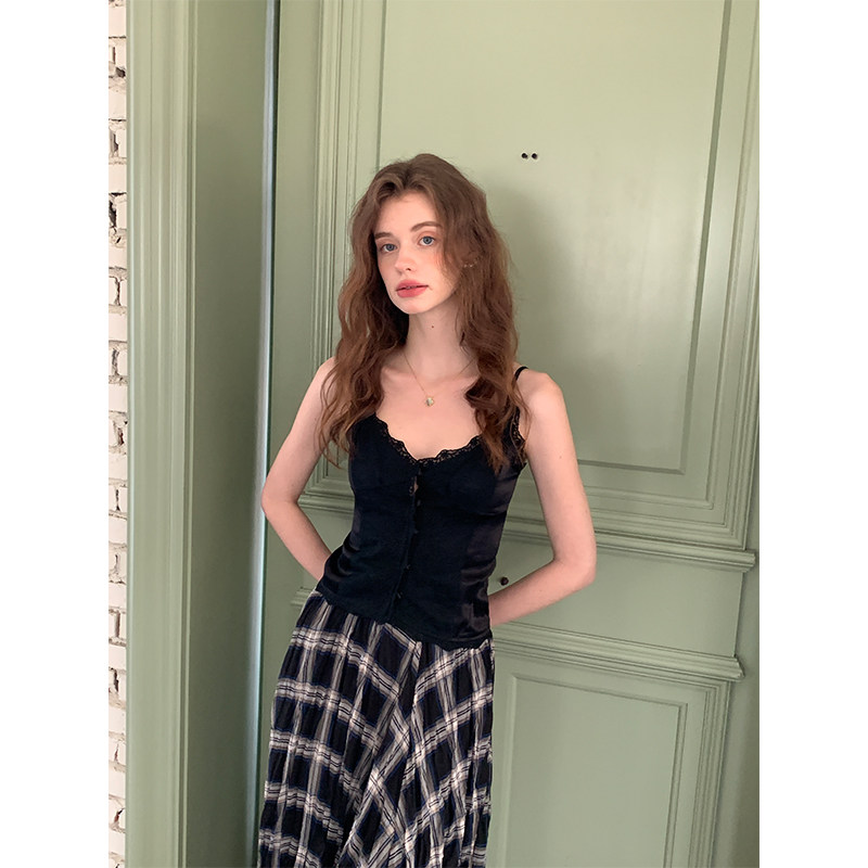 竹依依黑白法式短款吊带背心女春夏修身钩花蕾丝花边拼接缎面上衣