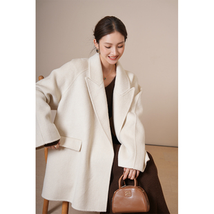 竹依依高端蚕丝羊毛白色双面羊绒大衣女春季短款2025年新款小个子