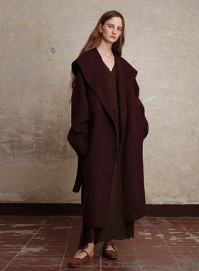竹依依勃艮第红色羊毛羊驼毛大翻领双面毛呢大衣女冬系带长外套