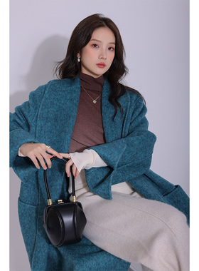 竹依依孔雀蓝色双面羊绒大衣女桑蚕丝兔绒高端双面呢羊毛呢子外套