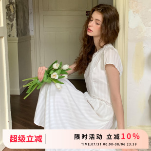 竹依依原创法式 显瘦v领长裙子 白色蕾丝拼接短袖 连衣裙女条纹修身