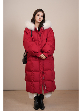 竹依依钻闪红色长款绒羽绒服女冬2025新款过膝加厚大毛领90白鹅绒