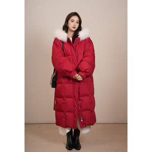 竹依依钻闪红色长款绒羽绒服女冬2025新款过膝加厚大毛领90白鹅绒