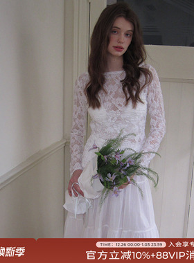 竹依依法式白色微透高级感长袖蕾丝衫女复古浪漫精致朦胧感上衣