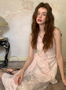 竹依依原创法式白色/淡粉色无袖薄纱连衣裙女荷叶边层次收腰长裙