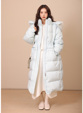 竹依依蓝色长款羽绒服女冬季过膝加厚2025新款狐狸大毛领90白鹅绒