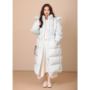 竹依依蓝色长款羽绒服女冬季过膝加厚2025新款狐狸大毛领90白鹅绒