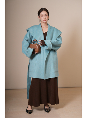 竹依依高端大翻领蓝色双面羊绒大衣女短款2025新款纯羊毛呢外套冬