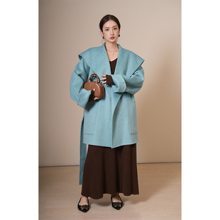 竹依依高端大翻领蓝色双面羊绒大衣女短款2025新款纯羊毛呢外套冬