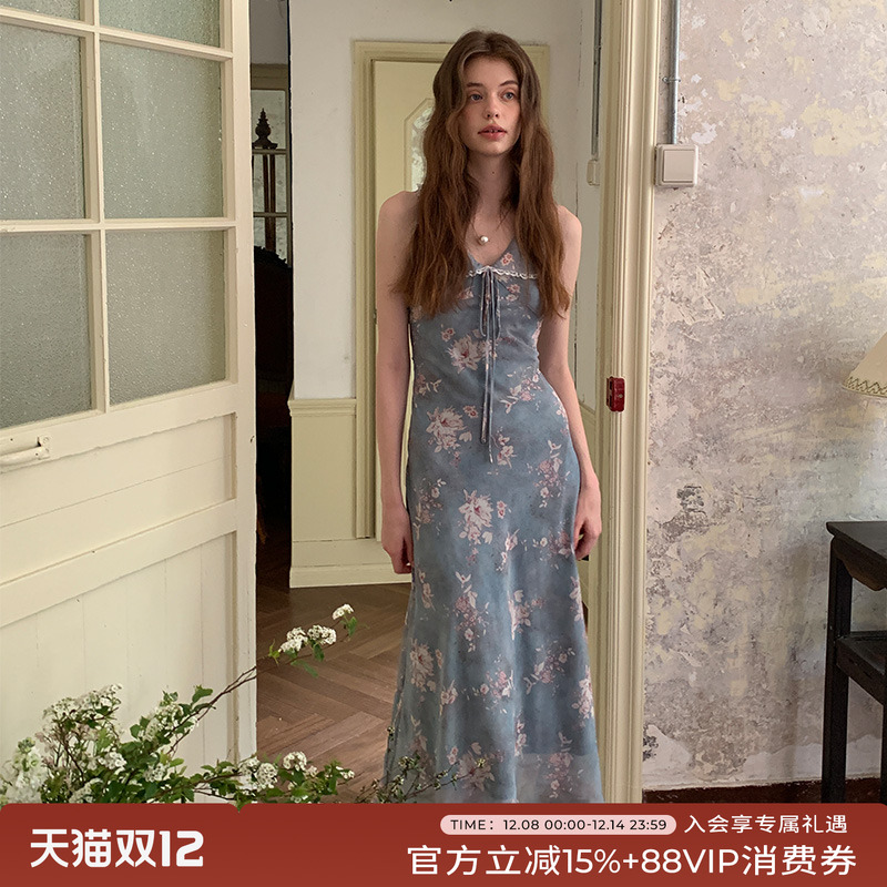 蓝色印花新中式无袖连衣裙碎花裙