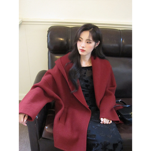 竹依依简约高级红色连帽双面羊绒大衣女短款羊毛毛呢外套
