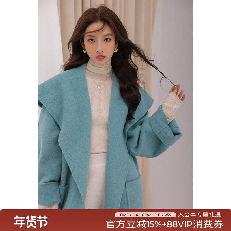 竹依依竹依依 海军领双面呢大衣女春季加厚中长款羊毛呢斗篷外套