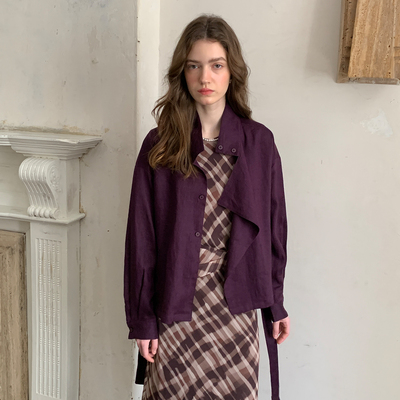 竹依依法式复古亚麻短款外套女秋