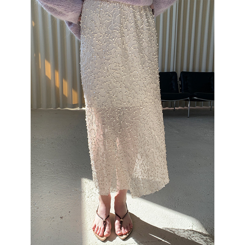 竹依依米色重工亮片网纱半身裙女春季高腰复古百搭高级感中长裙,女装/女士精品,半身裙,淘宝优惠券,粉丝福利购,淘宝优惠卷