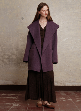 竹依依葡萄紫色绵羊毛羊驼毛大翻领双面呢毛呢大衣女冬系带外套