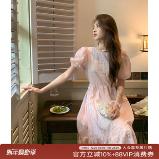 竹依依法式 收腰白色仙女裙 重工镂空刺绣粉色蕾丝连衣裙女夏泡泡袖