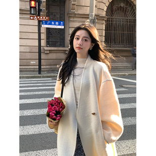 气质白色系带中长款手工双面羊绒大衣女冬高端羊驼毛呢子外套