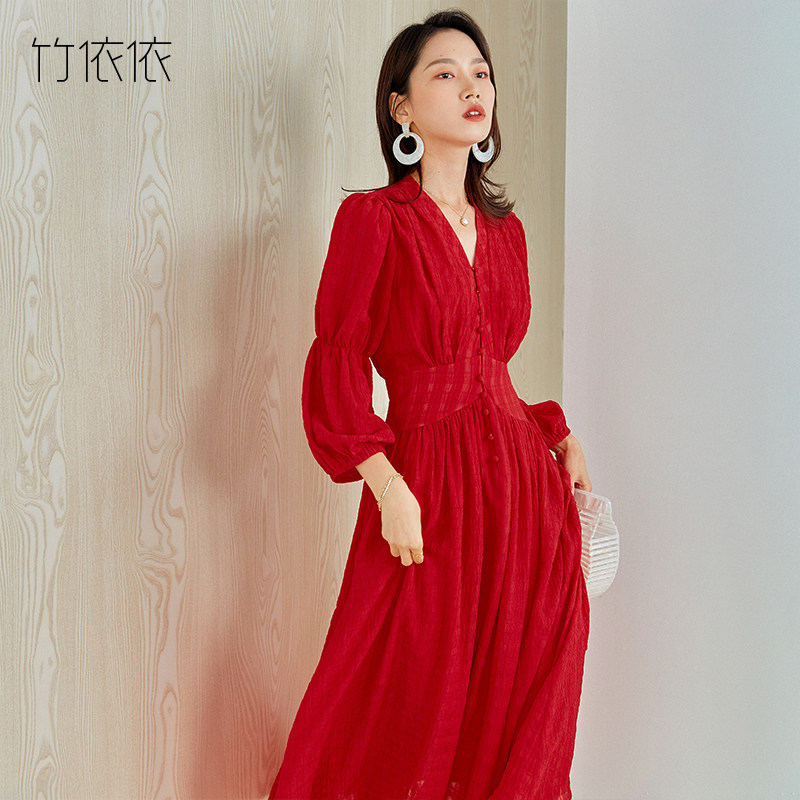 红色连衣裙复古赫本风秋季2020新款收腰显瘦法式气质v领大长裙子