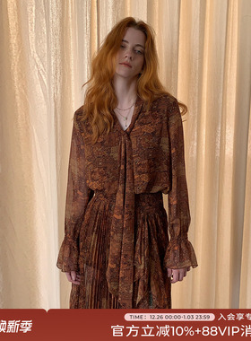 竹依依 原创法式复古红棕色长袖高开衩薄纱连衣裙女收腰宽松显瘦