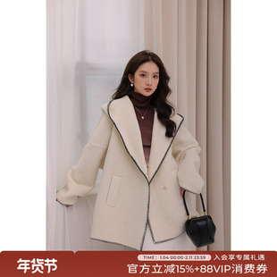 竹依依白色苏力羊驼绒双面羊绒大衣女短款小个子宽松连帽毛呢外套
