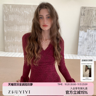 竹依依 新款法式v领针织加绒冬季连衣裙女蕾丝收腰高级感原创设计