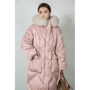 竹依依收腰长款粉色鹅绒羽绒服女过膝高端大狐狸毛领加厚保暖外套