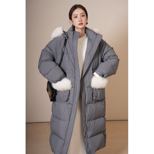 竹依依2025春季新款高端狐狸大毛领羽绒服女灰色中长款90鹅绒服