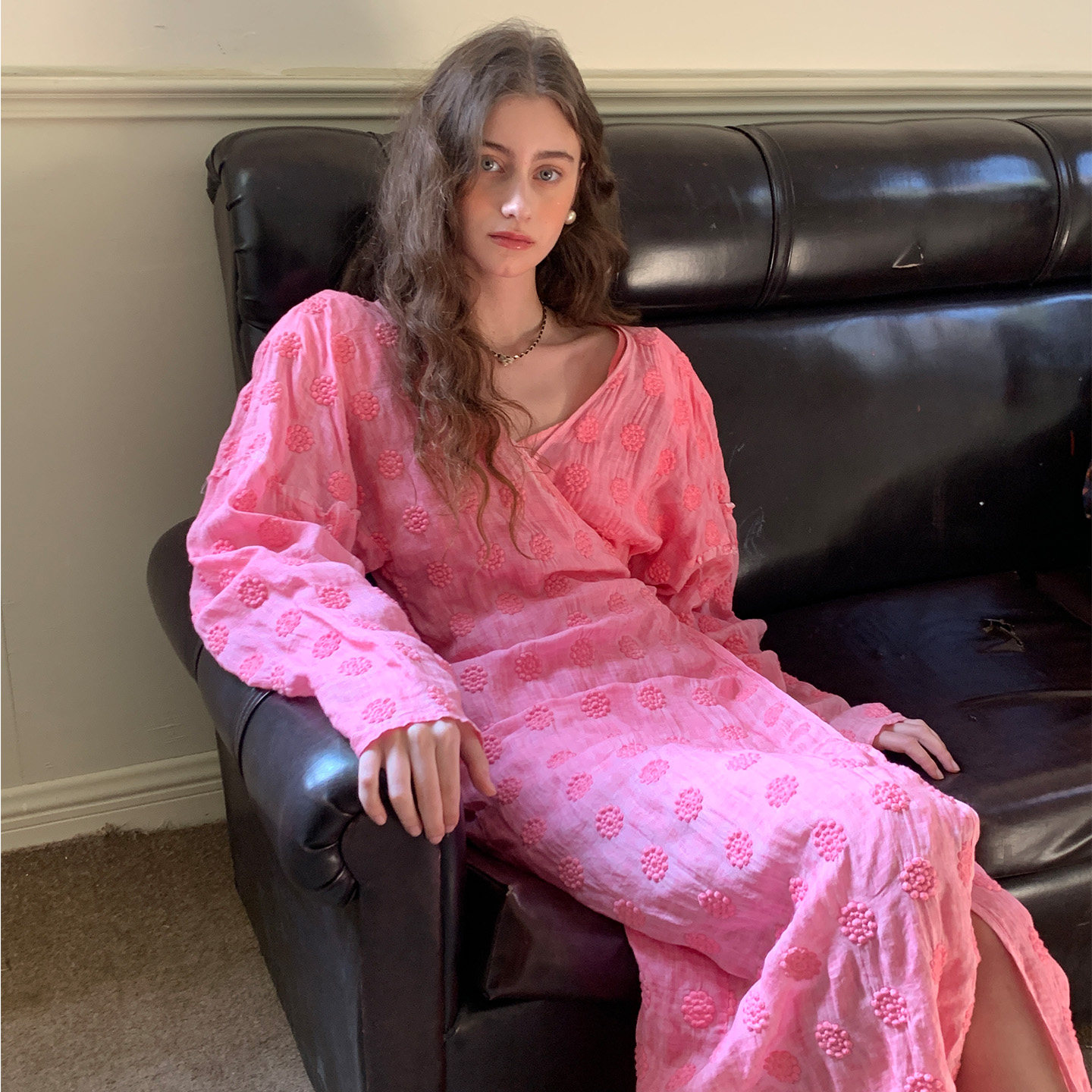 竹依依新款粉色长袖秋冬收腰开叉连衣裙女修身,女装/女士精品,连衣裙,淘宝优惠券,粉丝福利购,淘宝优惠卷