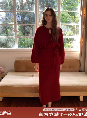 竹依依 新款秋冬针织白色羊毛毛衣女半裙套装简约