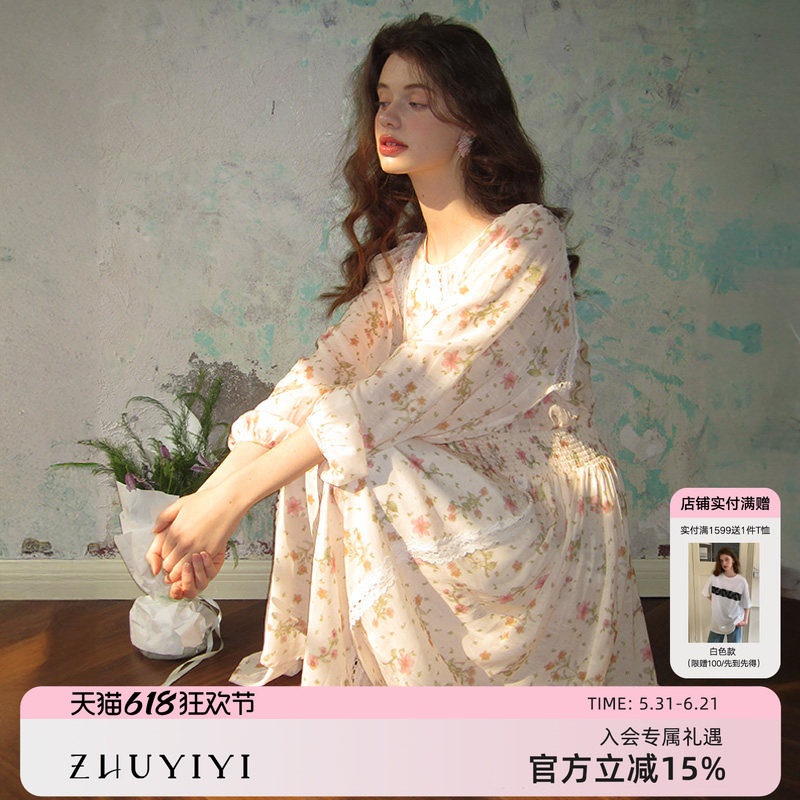 竹依依法式复古长袖碎花蕾丝连衣裙女春日少女感拼接收腰长裙子