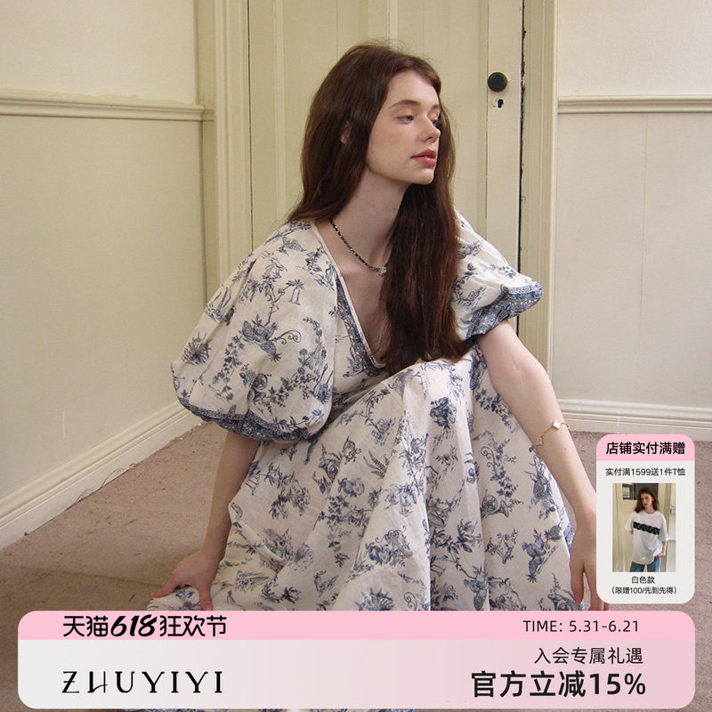 竹依依法式复古青花瓷蓝色花卉连衣裙女夏亚麻印花灯笼袖大摆长裙