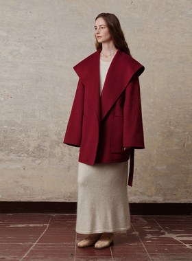 竹依依高级感100%羊毛栗红色翻领双面呢毛呢大衣女冬季短款外套
