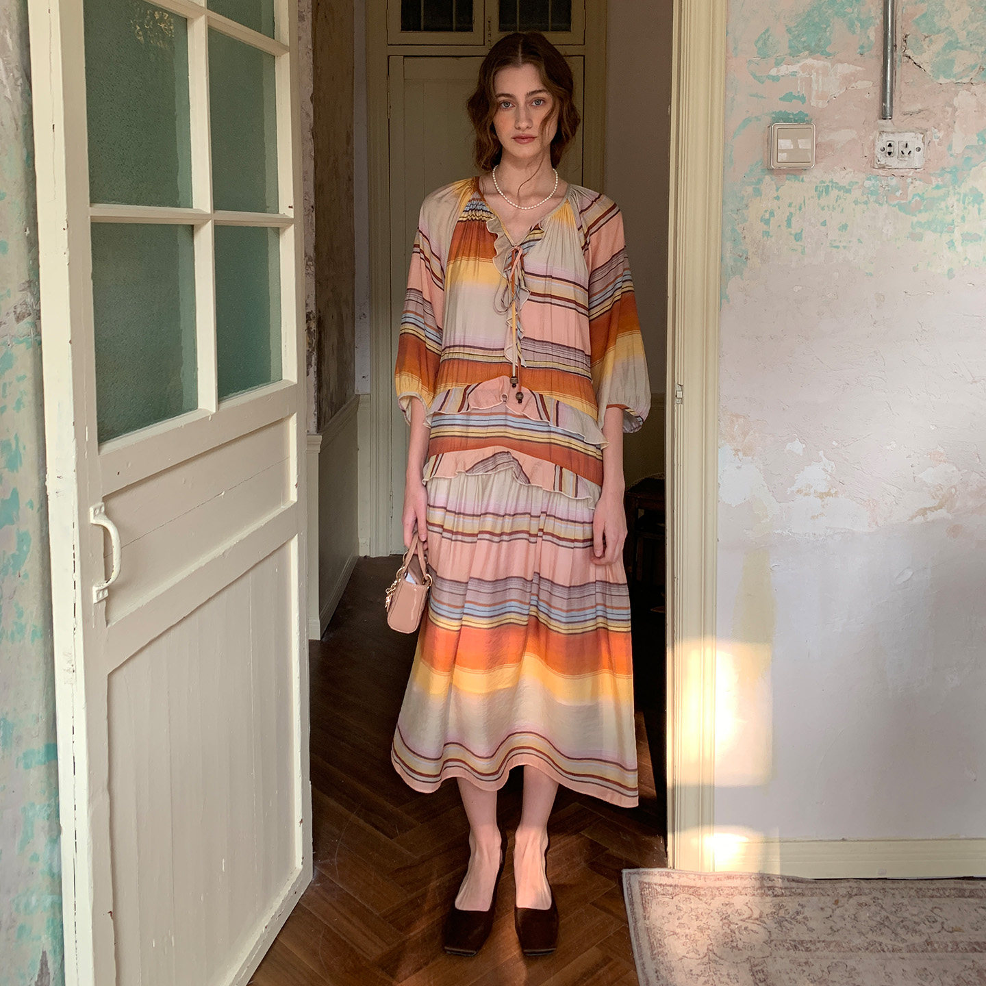 竹依依3/4 11点上新 新款格纹彩虹条连衣裙女高级感宽松修身长裙