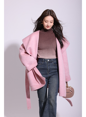 竹依依 粉色简约轻奢高级感羊毛双面呢毛呢大衣女秋冬中长款外套