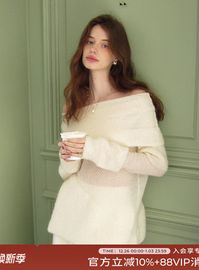 竹依依一字领针织毛衣女春季高级感修身设计百搭马海毛羊毛上衣