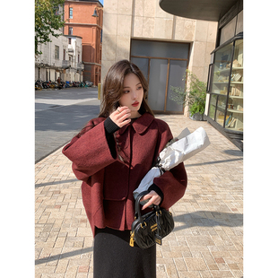 竹依依安哥拉红色复古显白翻领斗篷披肩双面澳毛进口短外套毛呢女