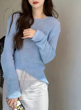 low classic 2023沈梦辰同款慵懒风微透圆领套头针织衫长袖上衣女