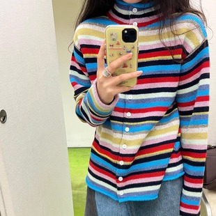 短句明星同款25秋冬款彩色条纹多扣开衫复古百搭撞色马甲针织背心