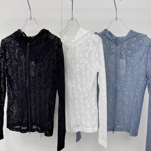 开衫 现货push设计师品牌25早春新款 百搭打底衫 拉链修身 镂空蕾丝衫