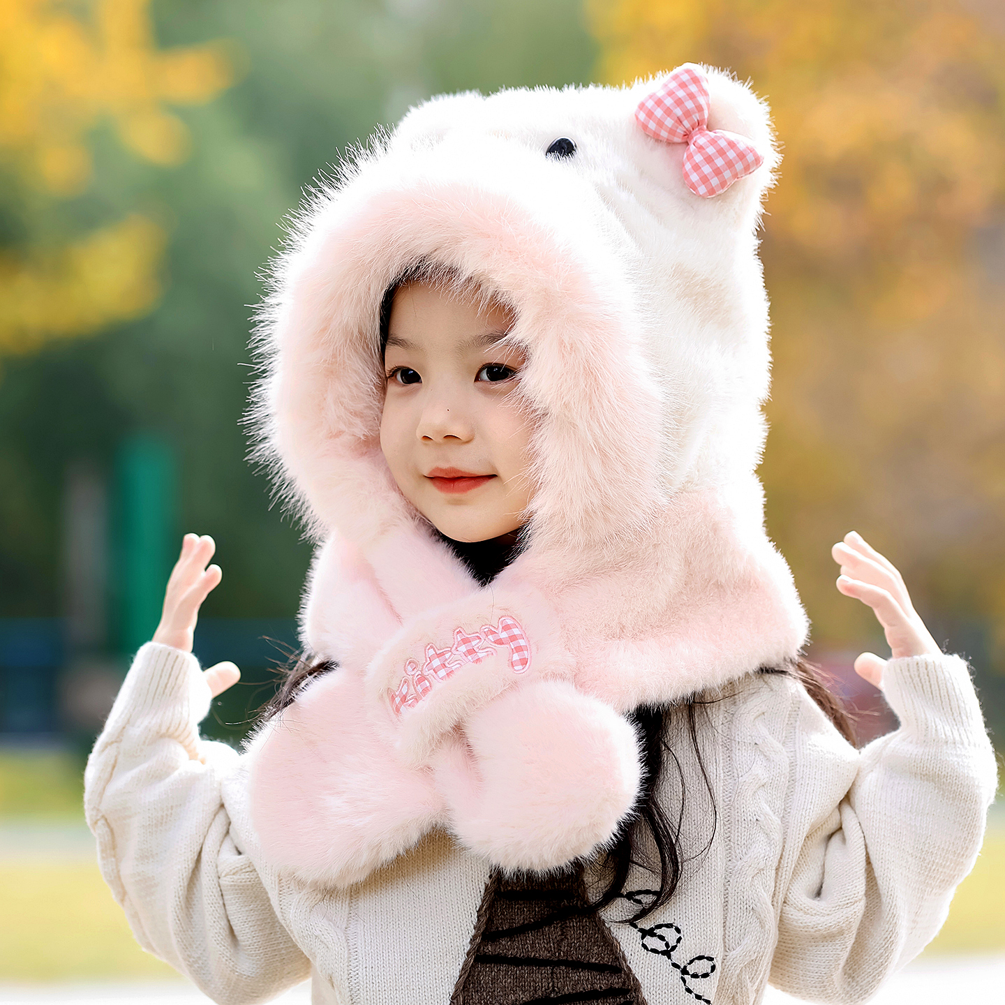 冬季女童KT猫毛绒帽子围巾一体帽