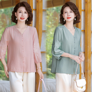 妈妈装重工刺绣衬衫女款2025新款宽松七分袖衬衣洋气绣花时尚上衣